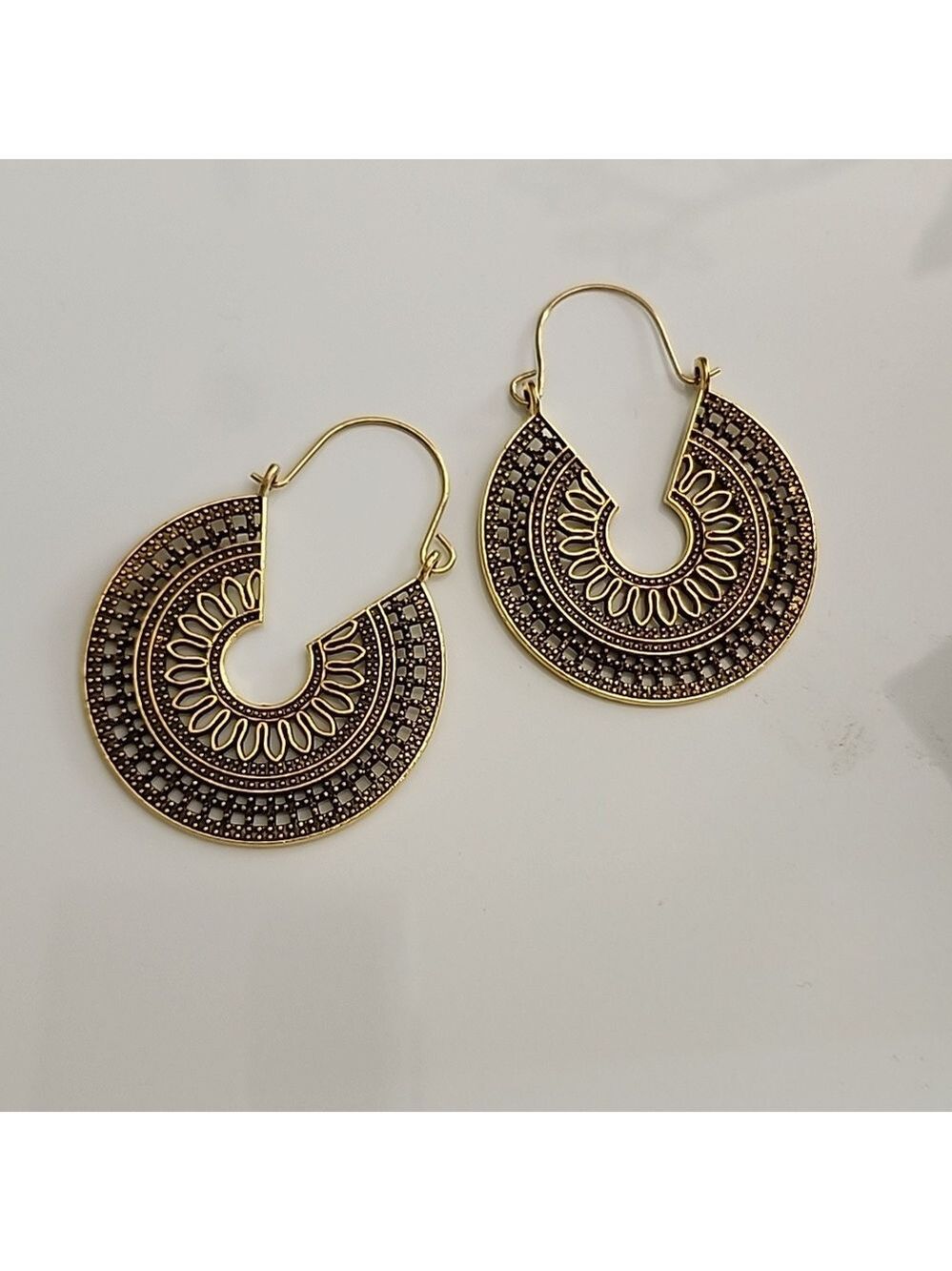 BOHO Gypsy Flower Tribal Hoop Earrings GREAT Tribal Detail